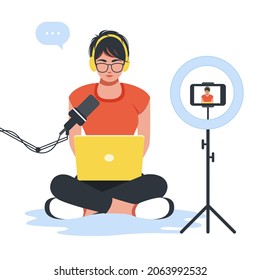vector illustration girl gamer is sitting at a laptop, playing a video game. Cybersports. Professional esports tournament event, player at the computer with a live video game broadcast on the monitor