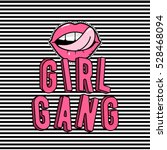 Vector illustration of girl gang stylish patch in the Memphis style with lips, tongue, 3d text on stripes background