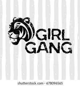 Vector illustration of girl gang stylish monochrome print in the grunge style with tiger, text with grunge texture on seamless stripes background pattern. T-shirt modern fashion print.