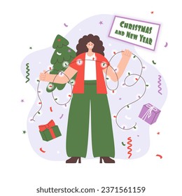 Vector illustration of a girl with a garland, Christmas tree, candy and gifts. New Year and Christmas banner, image, greeting card.