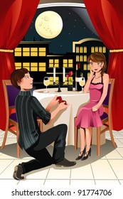 A vector illustration of a girl getting a marriage proposal from her boyfriend in a restaurant