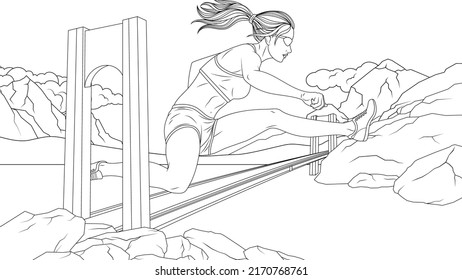 Vector illustration, girl giant goes in for sports with obstacle course, coloring book