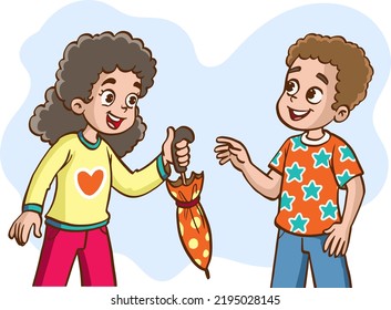 vector illustration of girl giving umbrella to her friend