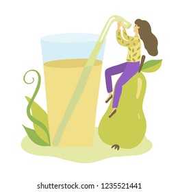 Vector illustration with girl, glass of juice, pear.