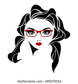 Vector illustration of a girl in glasses and with beautiful hair. Icon, logo, women's hairstyles