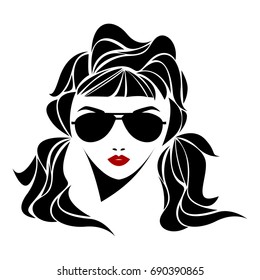 Vector illustration of a girl in glasses and with beautiful hair. Icon, logo, women's hairstyles