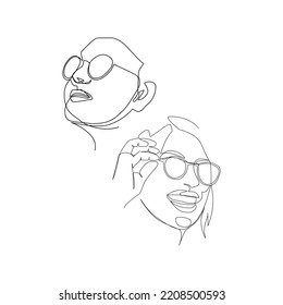 Vector illustration of a girl with glasses drawn in line-art style