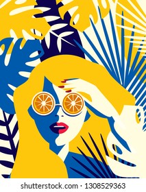 Vector illustration of a girl with glasses of oranges among tropical plants. Summer concept in vintage style.