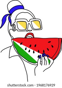 Vector illustration. A girl with glasses and a watermelon slice in her hand. Close-up. Space for text