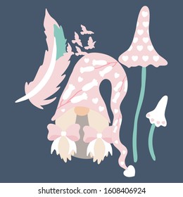 vector illustration with girl gnome and cute mushrooms, perfect to use on the web or in print