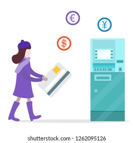 Vector illustration with girl goes to automatic teller machine or ATM with a bank card. Personal finance management. Design for banner, poster or print.