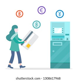 Vector illustration with girl goes to automatic teller machine or ATM with a bank card. Personal finance management. Design for banner, poster or print.