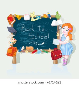 Vector illustration, girl going back to school, card concept.