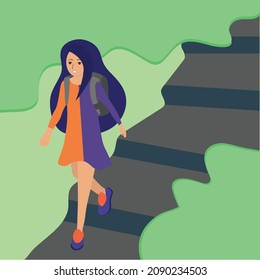 Ilustración vectorial de una chica yendo a la escuela por la mañana.