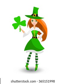 Vector illustration of girl in green dress with hat and clover om white background. Elements for design.