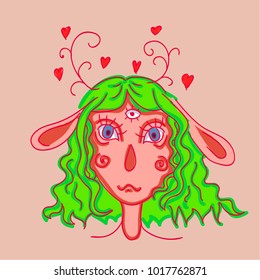 Vector illustration. Girl with green hair and  rabbit ears. St Valentine's Day.