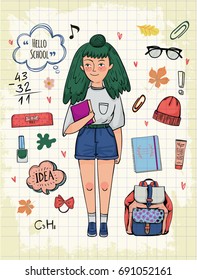 Vector illustration of a girl with green hair and school objects around her.