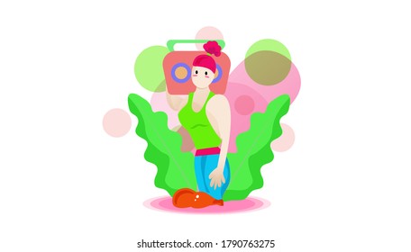 Vector illustration of a girl with green outfit and red tape having leisure time outdoor
