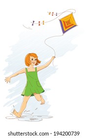 Vector illustration of a girl in a green sundress with developing hair in the wind, flies a kite.