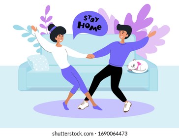 Vector illustration with a girl and a guy dancing in the apartment. The concept of stay at home. Quarantine, Coronavirus