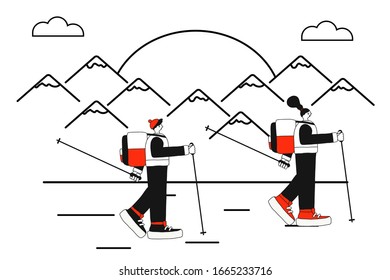 Dibujo vectorial de una chica y un hombre haciendo caminatas nórdicas en las montañas. El concepto de caminar con palos para un estilo de vida saludable y viajar.estilo plano.para sitios web, banners y aplicaciones