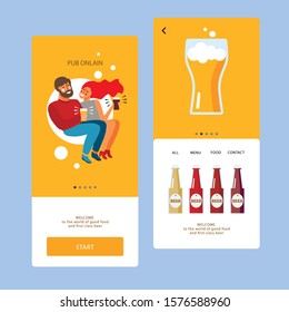 Vector illustration of a girl and a guy having fun chatting and drinking beer. Vector image concept for web application, food web page, fast food, beer bar. People and Fast Food Mobile App Page Onboar