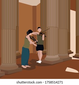 vector illustration girl with a guy playing the violin, street game