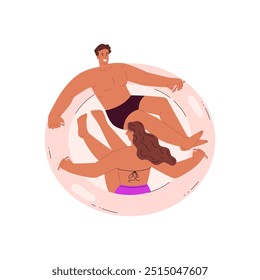 Vector illustration with a girl and a guy in swimsuits on a large inflatable circle. Illustration ideal for design with elements of summer entertainment