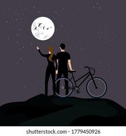 vector illustration of a girl and a guy walking on a bike under the night sky with stars and the moon. Couple in love look at the sky and birds that fly against the background of the moon.