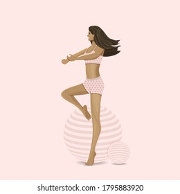 Vector illustration of girl in gym suit stands on one leg.