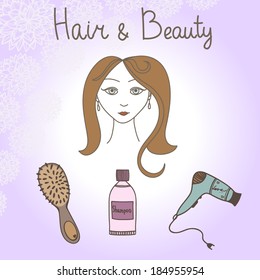 Vector illustration with girl, hair-drier, comb and shampoo