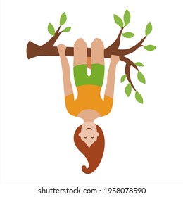 Vector illustration of a girl hanging upside down on a tree branch isolated on white background