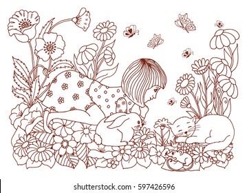 Vector illustration  girl with a hare among the flowers looking at a sleeping kitten. The work is done manually. Coloring books antistress for adults and children.Brown and white.
