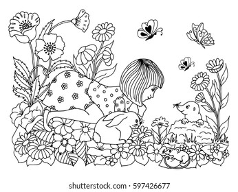 Vector illustration of a girl with a hare on a clearing watching the mole. The work is done manually. Coloring books antistress for adults and children. Black and white.
