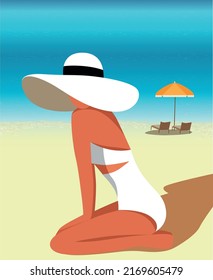 Vector illustration of a girl in a hat and bikini in the summer on vacation in a sitting pose posing and sunbathing on the sand by the ocean against a background sun lounger and umbrella