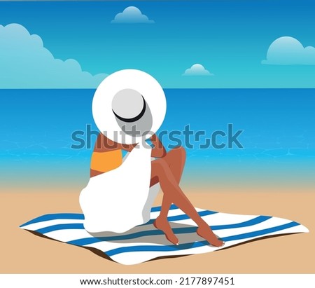 Vector illustration of a girl in a hat and bikini in the summer on vacation in a sitting position, posing and sunbathing on the sand by the ocean