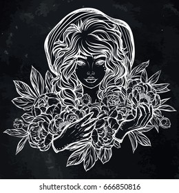 Vector illustration. Girl in a hat with a bouquet of peonies. Handmade, prints on T-shirts, tattoos, background chalkboard