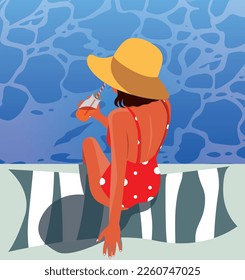 Dibujo vectorial de una chica con un sombrero bebiendo un cóctel en la piscina de vacaciones en el turismo marítimo