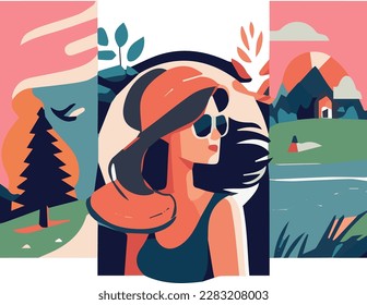 Vector illustration of a girl in a hat in the forest ,summer vacation,family resting, summer time,leisure time, landscape.