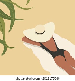 Vector illustration of a girl in a hat lying on the sand and sunbathing. Fashion illustration of a woman in a black swimsuit lying on the beach on her stomach