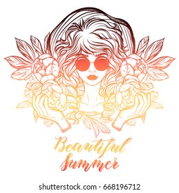 Vector illustration. Girl in a hat with a peonies. Handmade, background white, tattoos, prints on T-shirts, red yellow brown colors