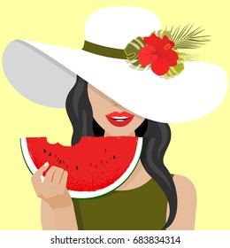 Vector illustration of girl with hat and slice of watermelon in hands isolated on yellow background