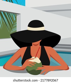 Vector illustration of a girl in a hat in the summer on vacation swims, sunbathes and drinks coconut juice cocktail by the pool