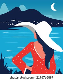 Vector illustration of a girl in a hat in the summer on vacation walks along the beach, the ocean looks at the mountains and the city in the distance with the moon