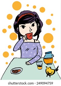 Vector illustration of a girl having breakfast
