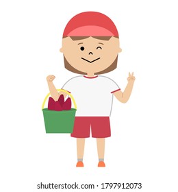 Vector illustration of girl having a bucket full of sweet potatoes