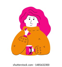 Vector illustration of a girl having a cold - Young woman with a handkerchief and a cup of warm tea - Unhappy sick character with symptoms of a flu allergy or cold in sweater - Isolated on white