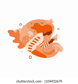 Vector illustration of a girl having fun with slice of pizza. Dynamic flat design of fast food for mobile app, web, delivery banner.