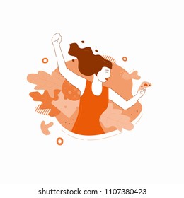Vector illustration of a girl having fun with slice of pizza. Dynamic flat design of fast food for mobile app, web, delivery banner.
