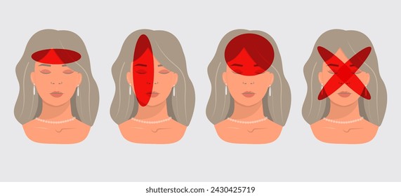 Vector illustration of a girl having a headache. Localization and types of headaches. Neurology and medicine.